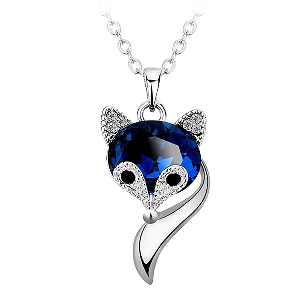 Fashion cute fox blue crystal zircon diamonds gemstones pendant necklaces for women rose gold white silver color choker jewelry