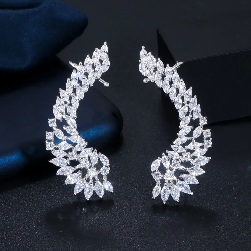 CWWZircons New Arrival Luxury Ear Cuff Shiny Cubic Zirconia Fashion Wings Clamp Climber Clip on Earrings Jewelry for Women CZ368