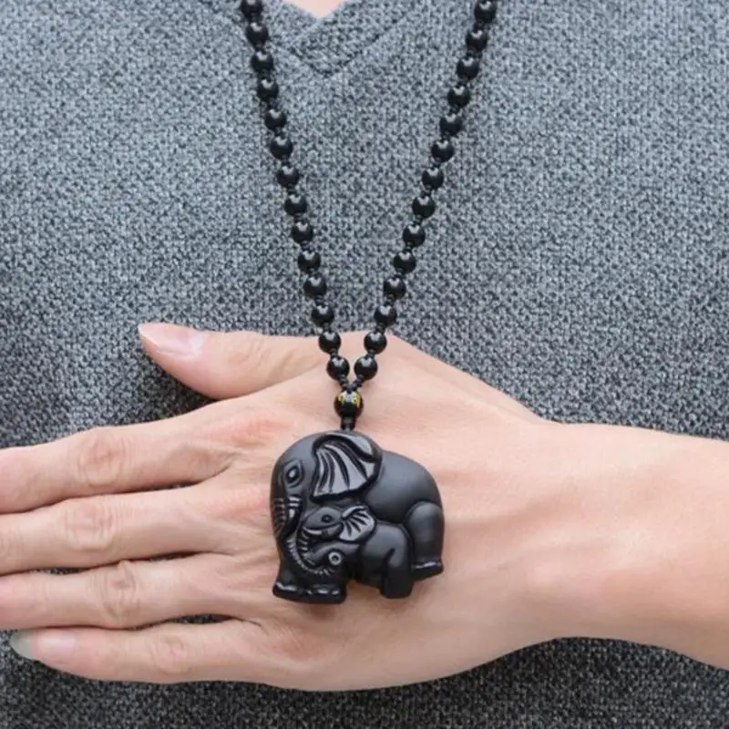 Black natural handmade stone carving cute elephant lucky pendant men\\\\\\\'s necklace fashion amulet jewelry