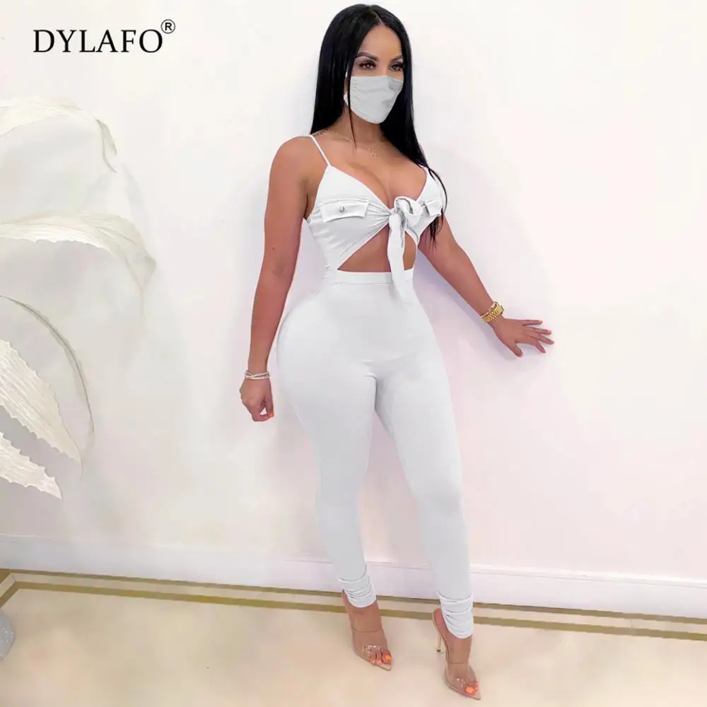 Hot Sale white lace up sexy bandage jumpsuit Women two-piece suit party jumpsuit Winter hollow out skinny long playsuit overalls