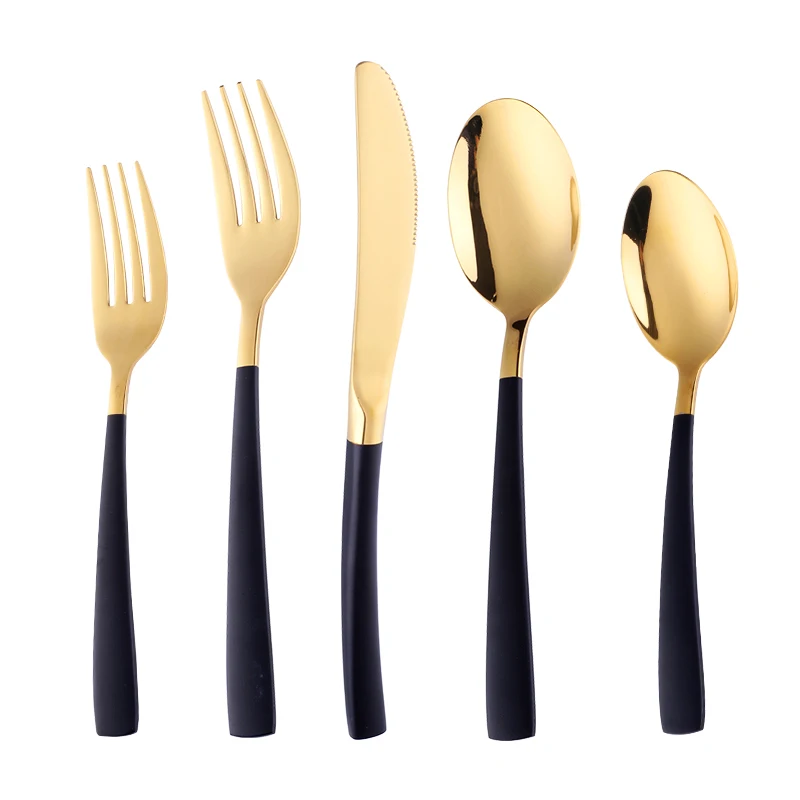 

Hot 60 Pcs Gold Tableware Set Black Handle Stainless Steel Black Knife Fork Scoops Set Kitchen Cutlery with colored handles