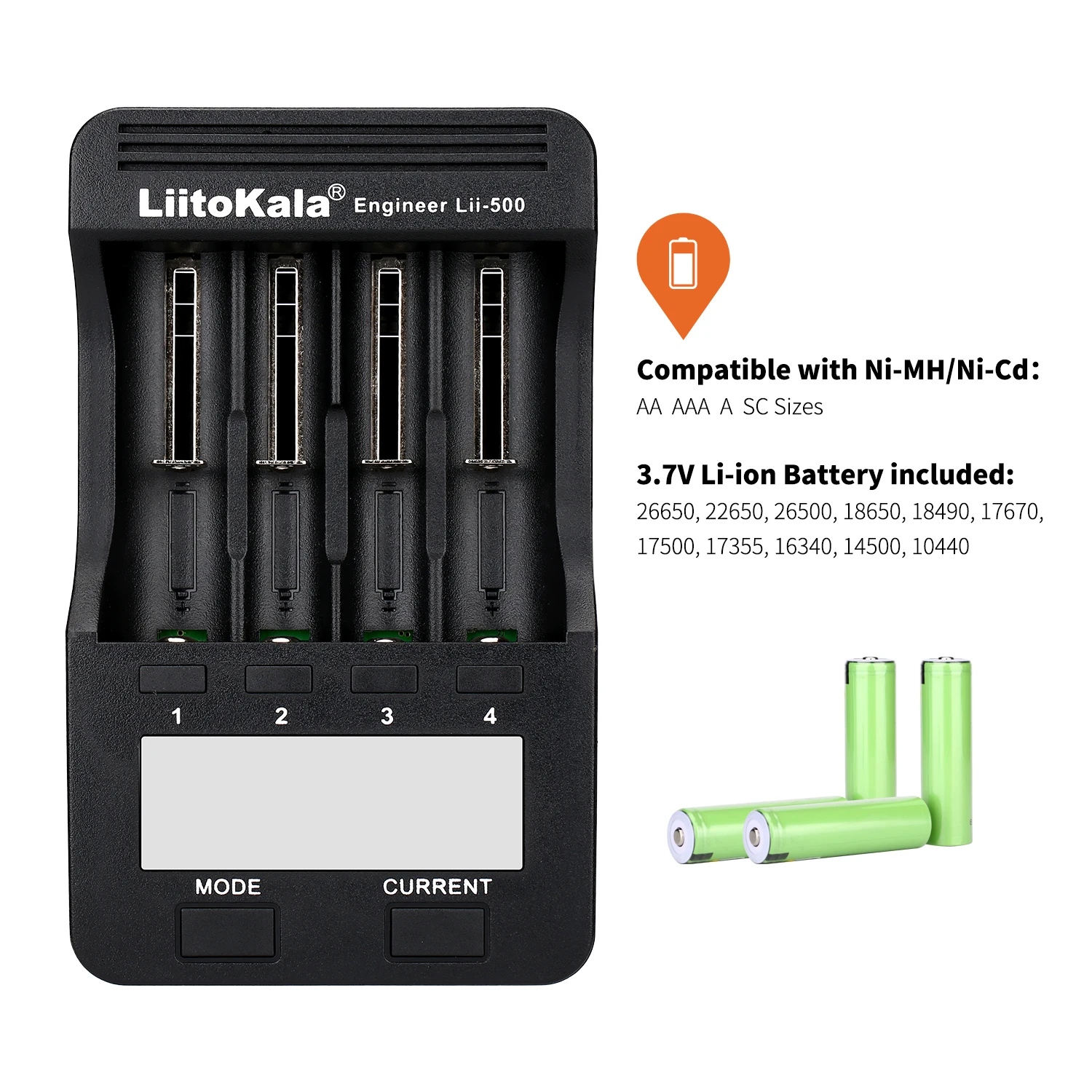 1-5PCS LiitoKala lii-500 LCD 3.7V/1.2V 18650/26650/16340/14500/10440/18500 Battery Charger ( lii500+12V2A adapter+car)