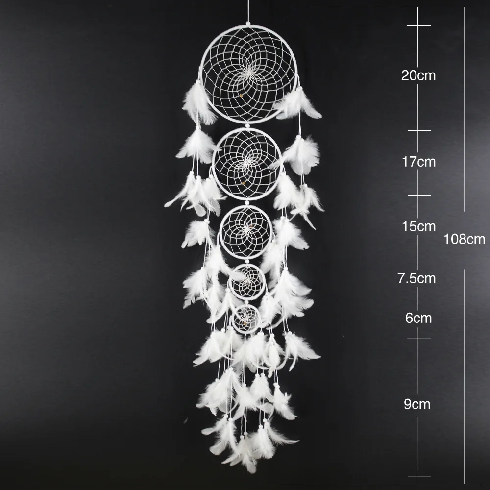 Newly Big Dream catcher Wind Chime White Feather Dream Catcher Car Hanging Decoration 5 Circular Home Decor Gift