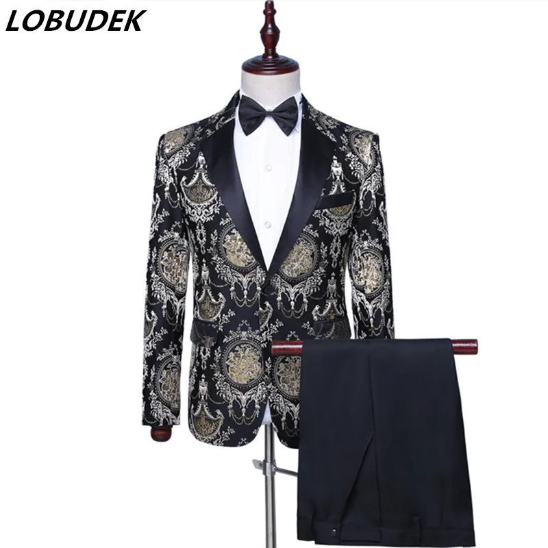 

Men Stylish Vintage Embroidery Slim Fit Suits Stage Singer Host Tuxedo Costume Wedding Groom Suit (Jacket+Pants) 2-Pieces