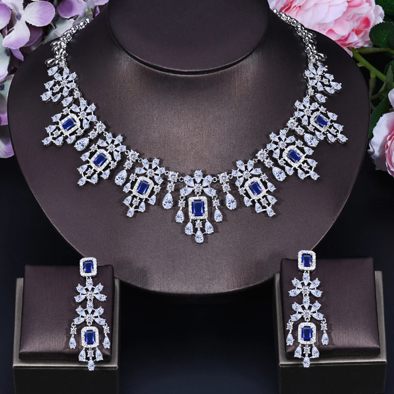 ANGELCZ Exclusive Dubai Bridal Costume Jewelry Set for Women Yellow Cubic Zirconia Tassel Square Drop Necklace Earrings AJ199