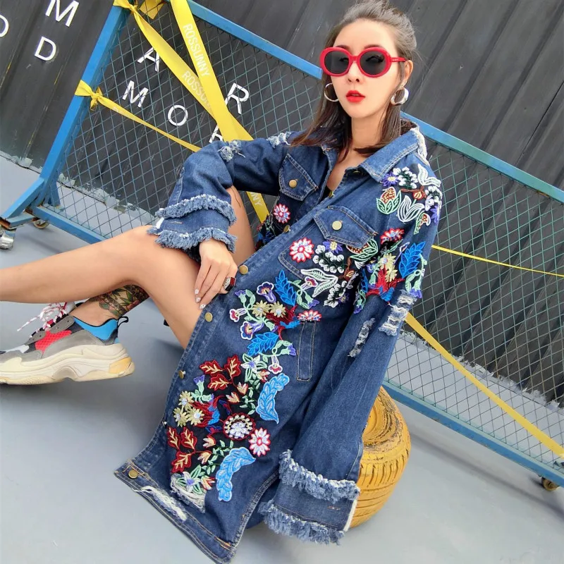 

Sequins Bomber Floral embroidery Denim jacket beaded Coats loose wild long 3D beading Flower Sequined Holes Outwear