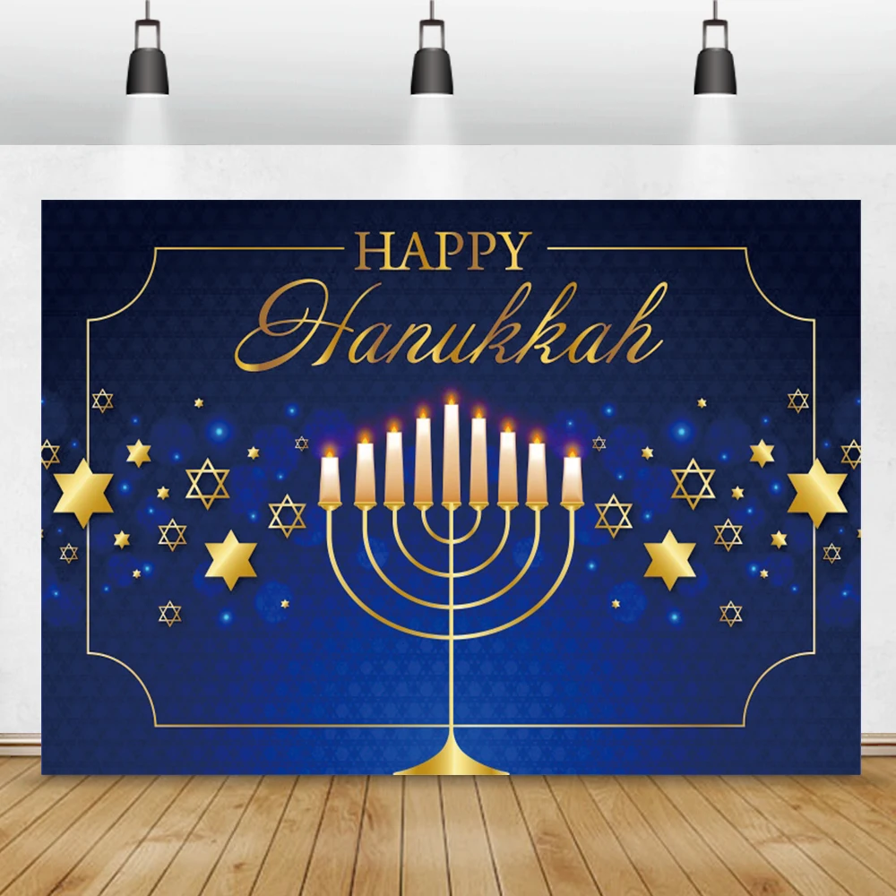 

Laeacco Jewish New Year Poster Happy Hanukkah Party Backdrop Stars Burning Candles Pattern Blue Wall Photography Background