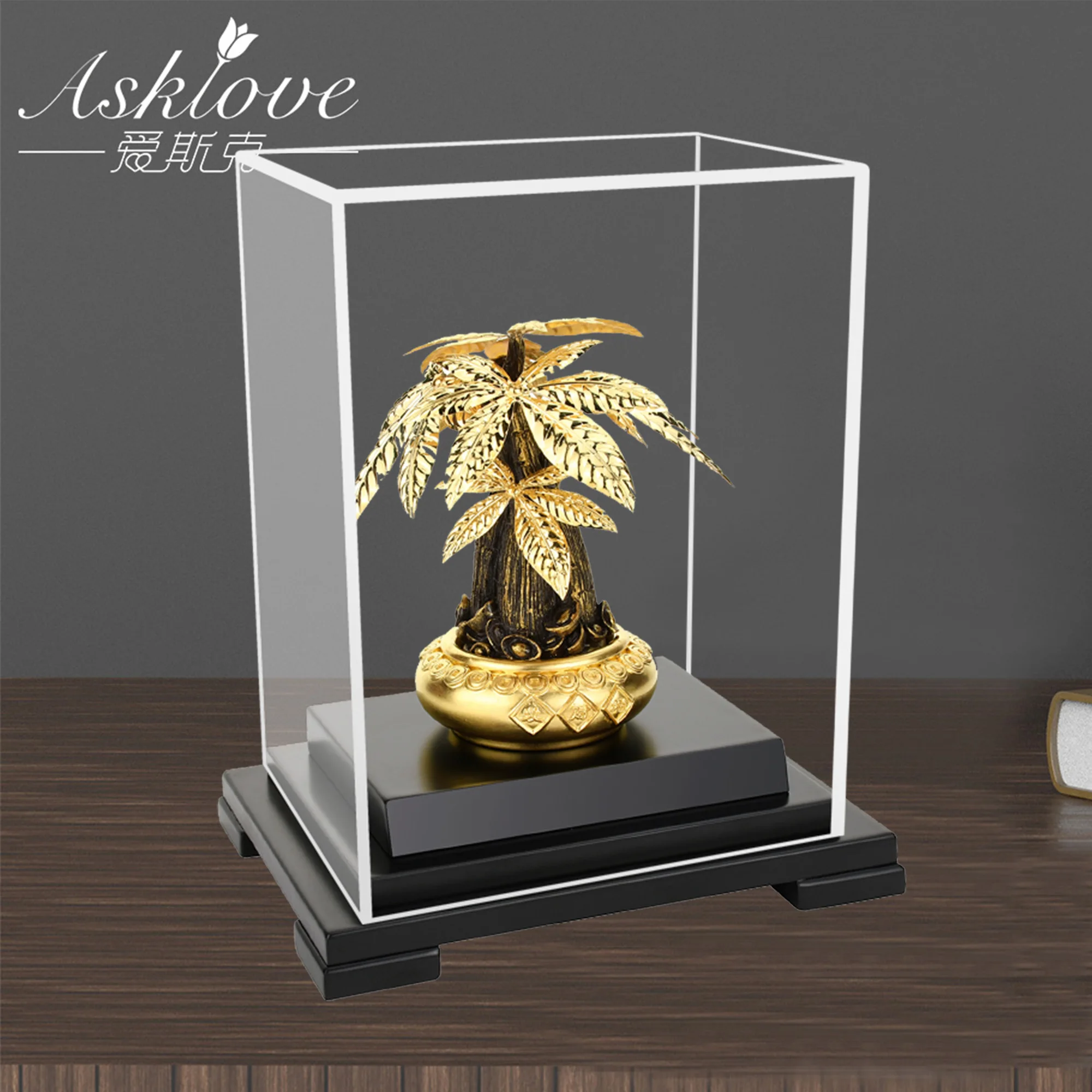 Gold Fortune Tree Bonsai 24K Gold Foil Crafts Feng shui Collect Wealth Ornament Money Tree Statue Home Office Decor 17X13.5X22CM