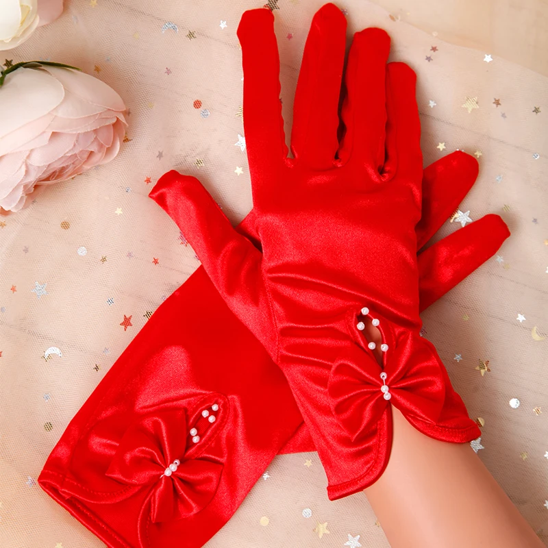 Wedding Bridal Gloves Red Black White Bowknot Beaded Full Finger Satin Gloves Women Party Prom Dress Mittens Marriage Accessorie