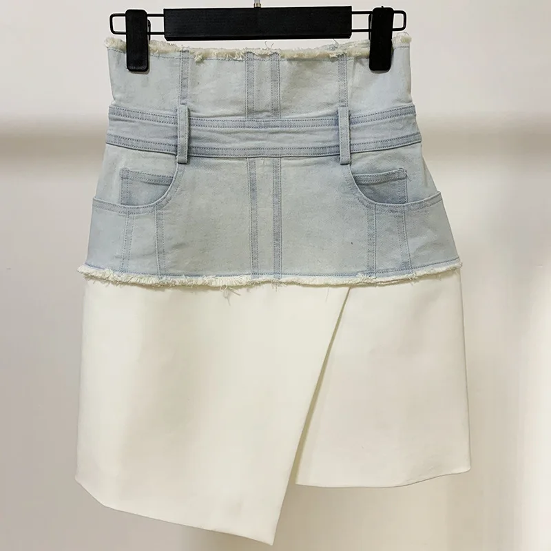 

High Elastic Waist Half-body Skirt Women Blue Patchwork Zipper Asymmetrical Slim Fit Fashion Tide New Summer 2022 C973