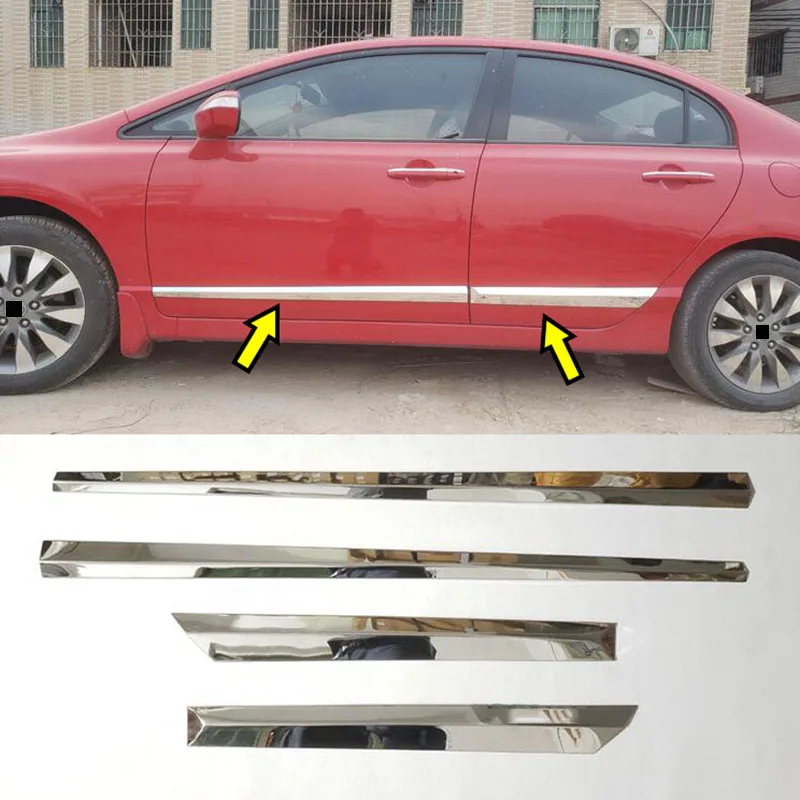 

For Honda Civic Sedan 4Dr 8th 2006 207 2008 2009 2010 2011 4pcs ABS chrome Body Side Molding Trim