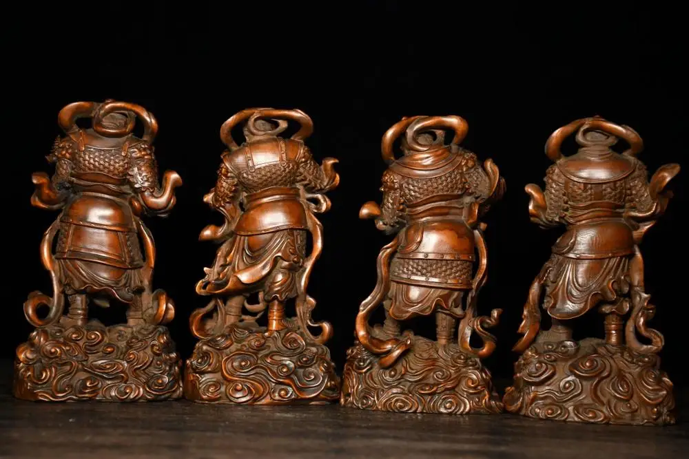 

Temple Collection Old Boxwood Four Heavenly Kings Statue Four Diamond Holding country Growth Wide eye Smell statue