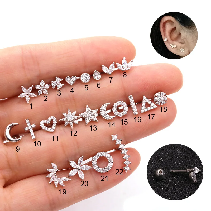 44pcs Tragus Helix Piercing Cartilage Earring Fashion Jewelry Crystal Zircon CZ Gem Ear Stud  Wholesale Copper Conch Rook