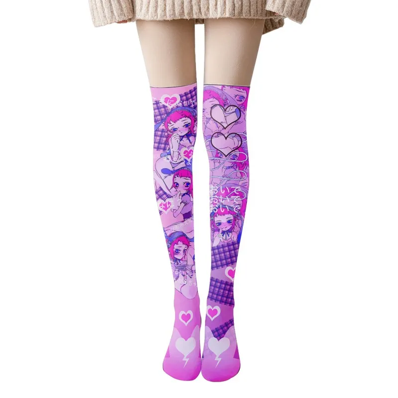 Moda 3D Cartoon Pattern Printing Girls Kawaii Long Stockings Thigh High Over The Knee Nylon Sexy Stockings Women Anime Socks