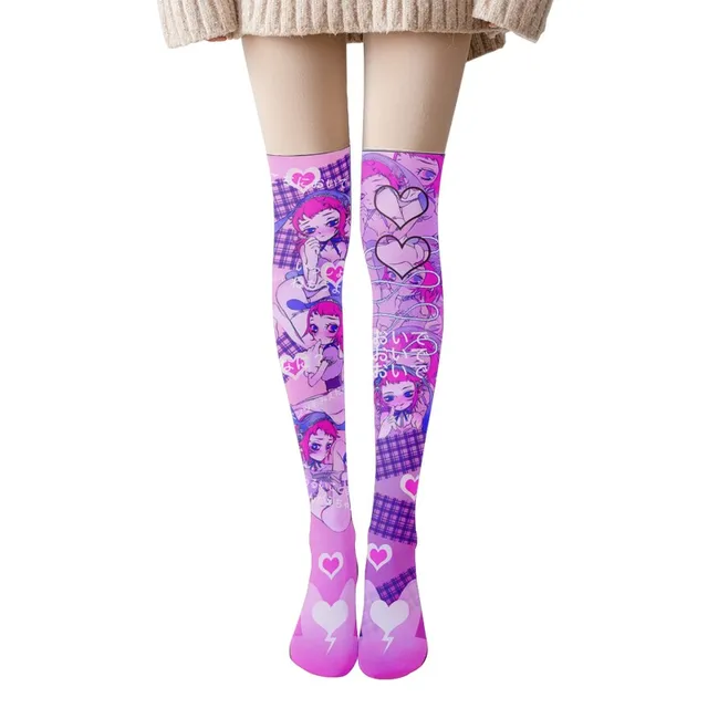 Moda 3D Cartoon Pattern Printing Girls Kawaii Long Stockings Thigh High Over The Knee Nylon Sexy Stockings Women Anime Socks