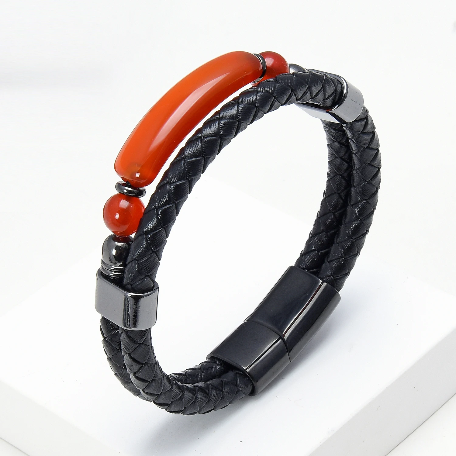High Quality Natural Stone Man Bracelet Black Leather Rope Chain Men Stainless Steel Clasp Tiger Eyes Bracelets Handmade Jewelry