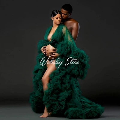 Sexy Dark Green Ruffles Long Pregnant Women Robes See Thru Tulle A-line Puffy Tulle Dress Maternity Photoshoot Vestido Plus Size