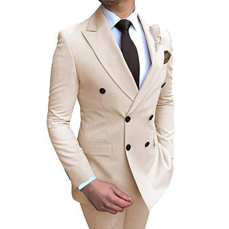 

Men's Suits 2 Pieces Beige Lapel Double Breasted Slim Fit Casual Business Dress Suits For Wedding Bridegroom Suits Blazer+Pants