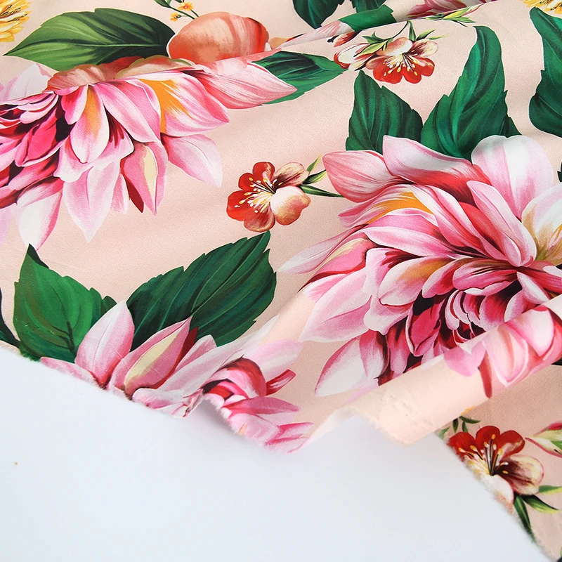 Fashion Show Sicily Big Pink Flower Printed Cotton Or Imitate Silk Satin Fabric For Woman Dress Blouse DIY Cloth Sewing Material