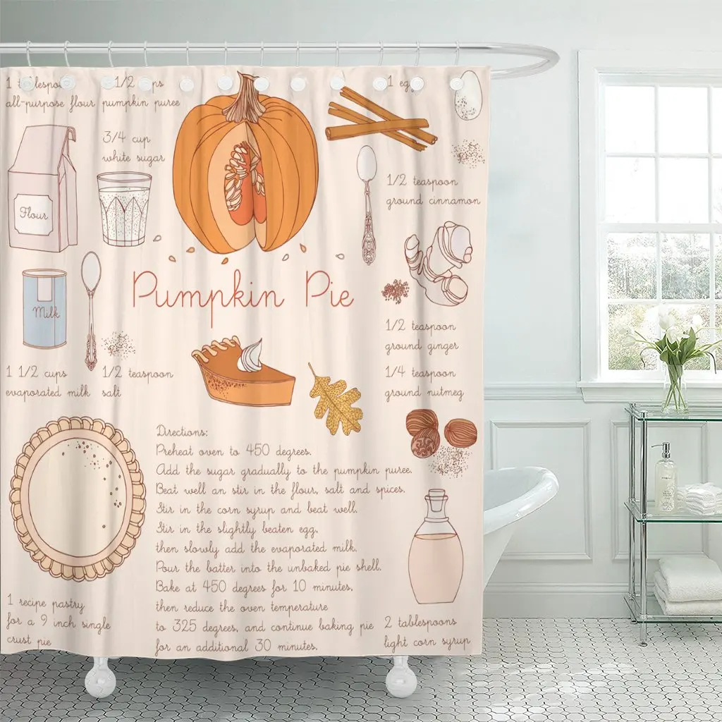 Fall Pumpkin Pie Recipe Thanksgiving Day Autumn Slice Dessert Waterproof Polyester Fabric Shower Curtain 72 x 78 inches Set