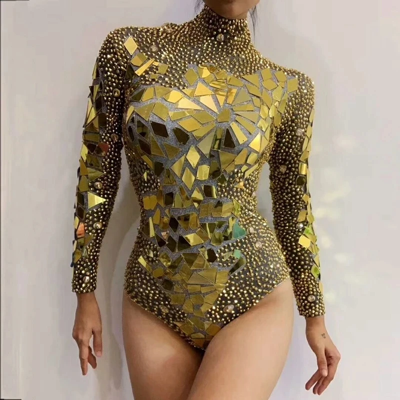 Silver Rhinestones Mirrors Leotard Women\'s Birthday Party Outfit Dance Costume DS Bar Show Bodysuit Performance Costume