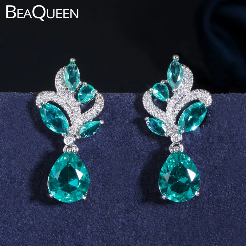 BeaQueen Cute Light Blue Green Cubic Zirconia Crystal Dangle Leaf Drop Earrings for Women Girls Fashion Jewelry Accessories E413