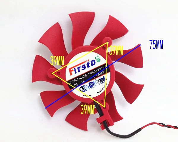 Free Shipping FD8015U12S Fan blade diameter 75MM hole distance 39MM 12V 0.5AMP 2PIN graphics fan 1pcs free shipping