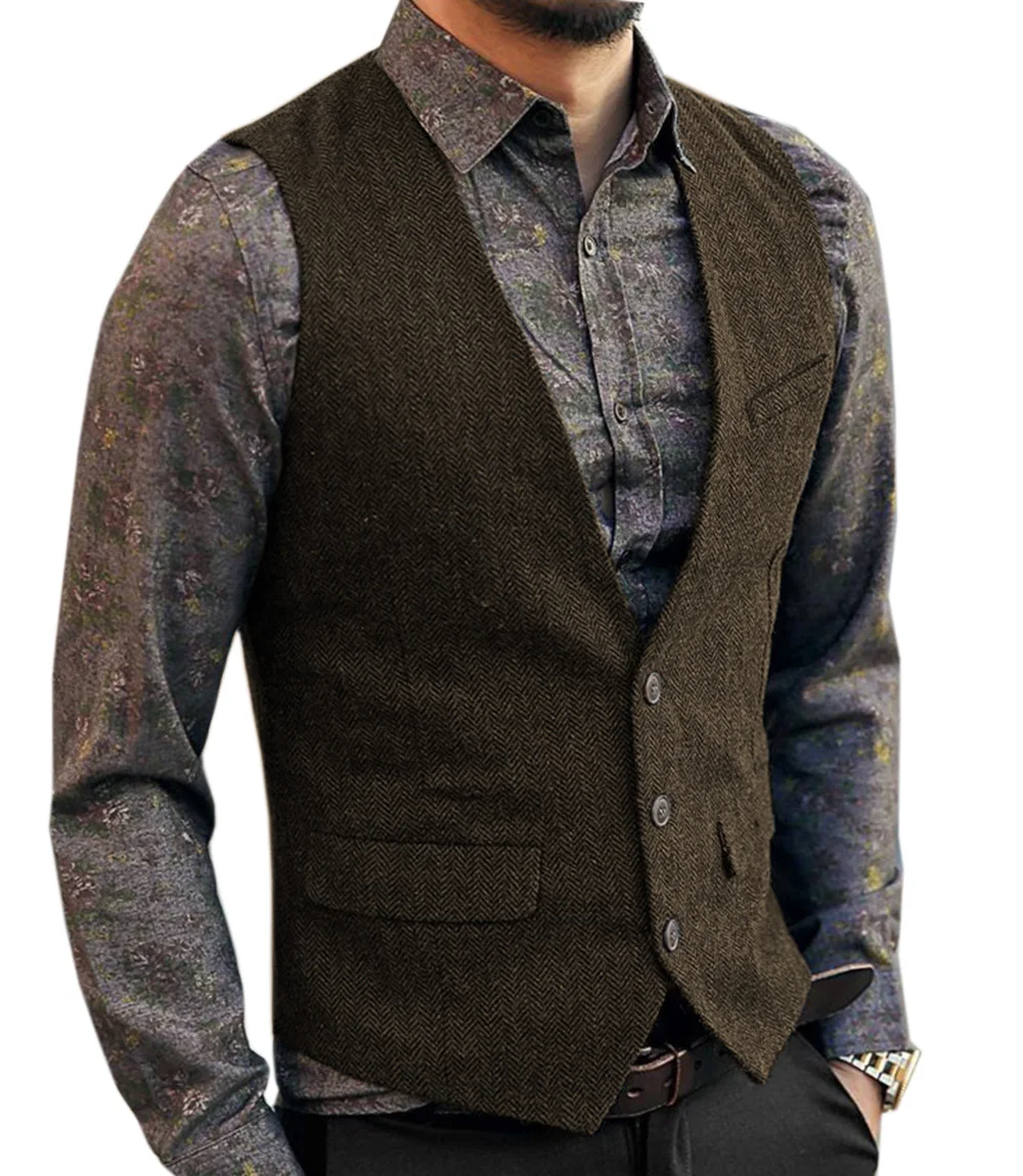 Mens Suit Vest Wool Herringbone Vintage Tweed Casual Formal Business Waistcoat for Wedding Groomsmen Green/Black/Grey