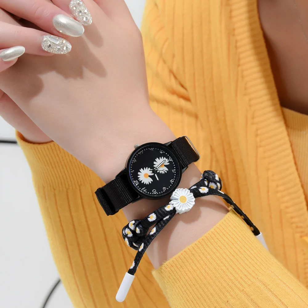 Women Watch Nylon Strap Daisy Flowers Ladies Wristwatches Fashion Watches Bracelet Set Quartz Clock Hot Sales relogio feminino