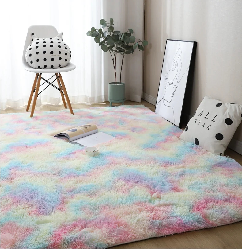 Plush Living Room Rugs Rainbow Color  Kids Home Decor  Shaggy Children's Girl Bedroom Carpet Soft Furry Floor Lounge Foot Mats