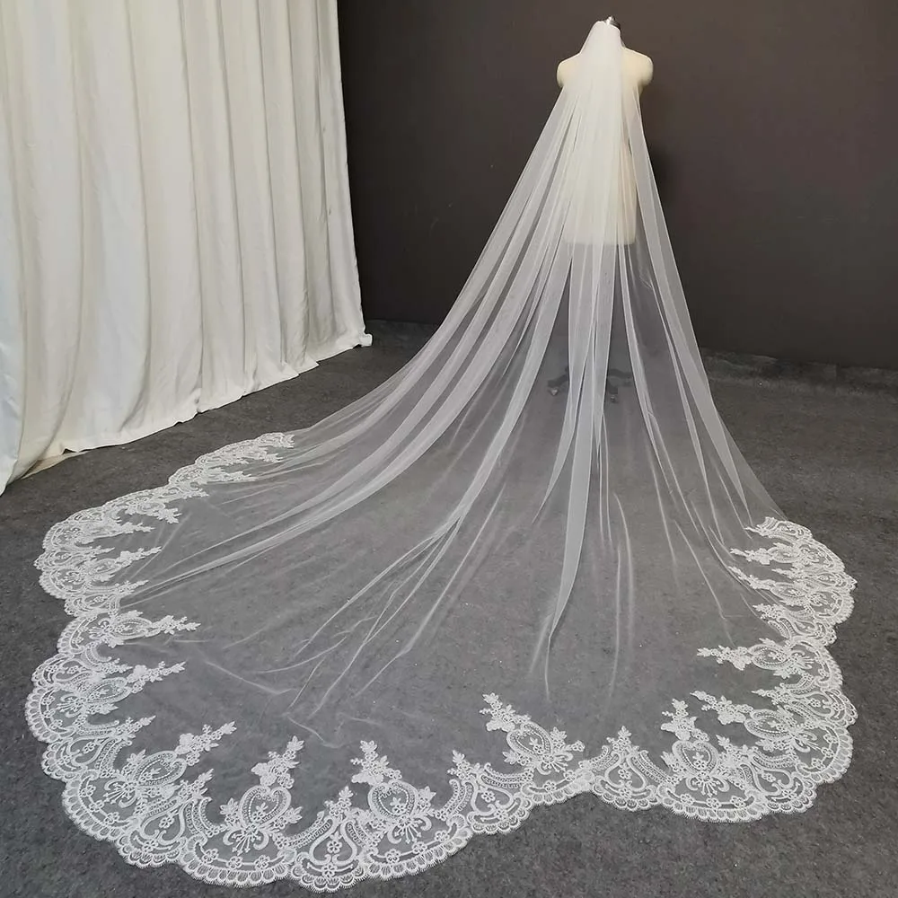 Customized Scalloped Edge Vintage Royal Wedding Veil with Comb One Layer 3m/4m/5m Long Special Cut Bridal Veil Velo