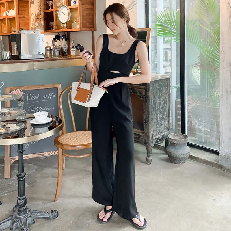 

2021 Summer Women Sleeveless Rompers Casual Black Fake-two-piece Sexy Backless Jumpersuits Female Long Wide Leg Pants