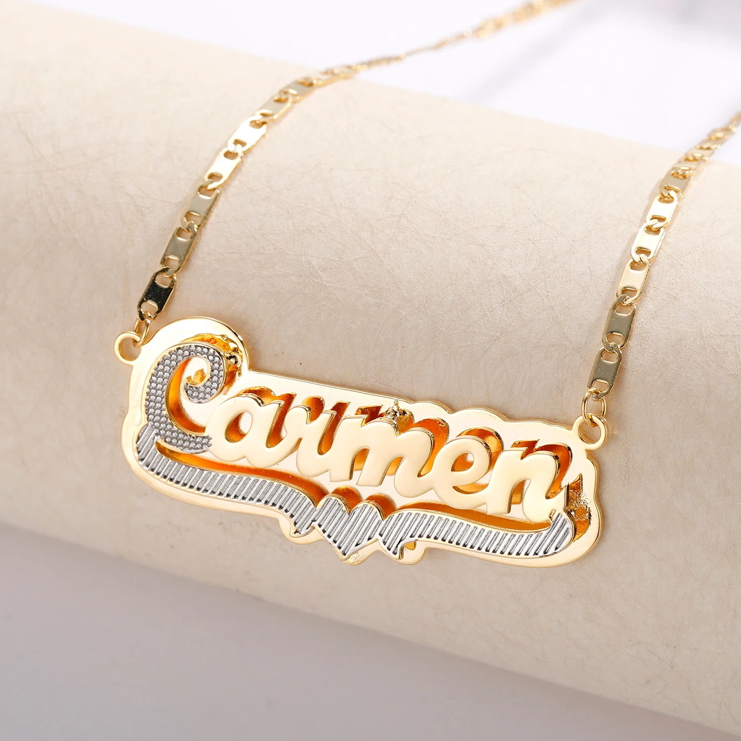 18k Gold Plated Two Tone Gold Personalized Double Plate 3D Name Necklace Customize Any Name Celebrity Style Necklace For Women