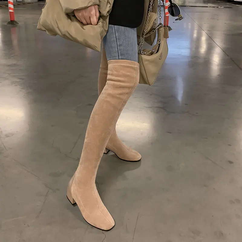 Lasyarrow Fashion Faux Suede Thigh High Boots Women 2020 Autumn Winter Shoes Square Med Heels Over The Knee Riding Boots