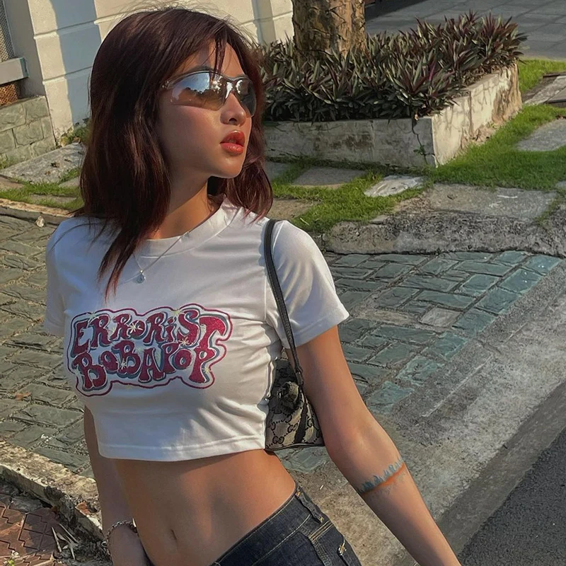 Woman clothing vintage letter printing short-sleeved top 2021 summer new wild short high-waist navel exposed T-shirt Kawaii y2k