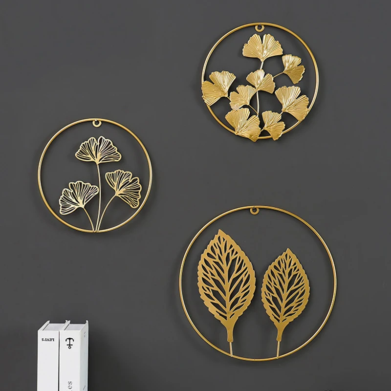 Nordic Ginkgo Leaf Wall Decor Ornament Iron Light Luxury Gold Palm Maple Leaf Wall Hanging Pendant Living Room Home Decoration