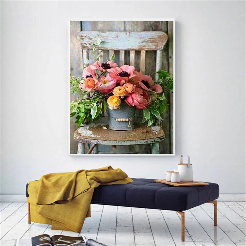 5d DIY Full Square Diamond Painting Chair Flower Diamond Embroidery Cross Stitch Mosaic Bucket Ranunculus Rose Needlework