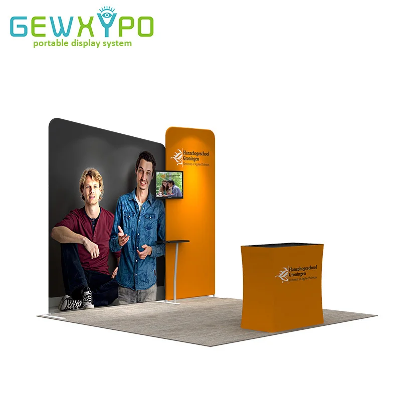 Exhibition Display Portable Advertising Easy Fabric Banner Aluminum Tube Frame Wall With Podium Counter Case And Front Shelf