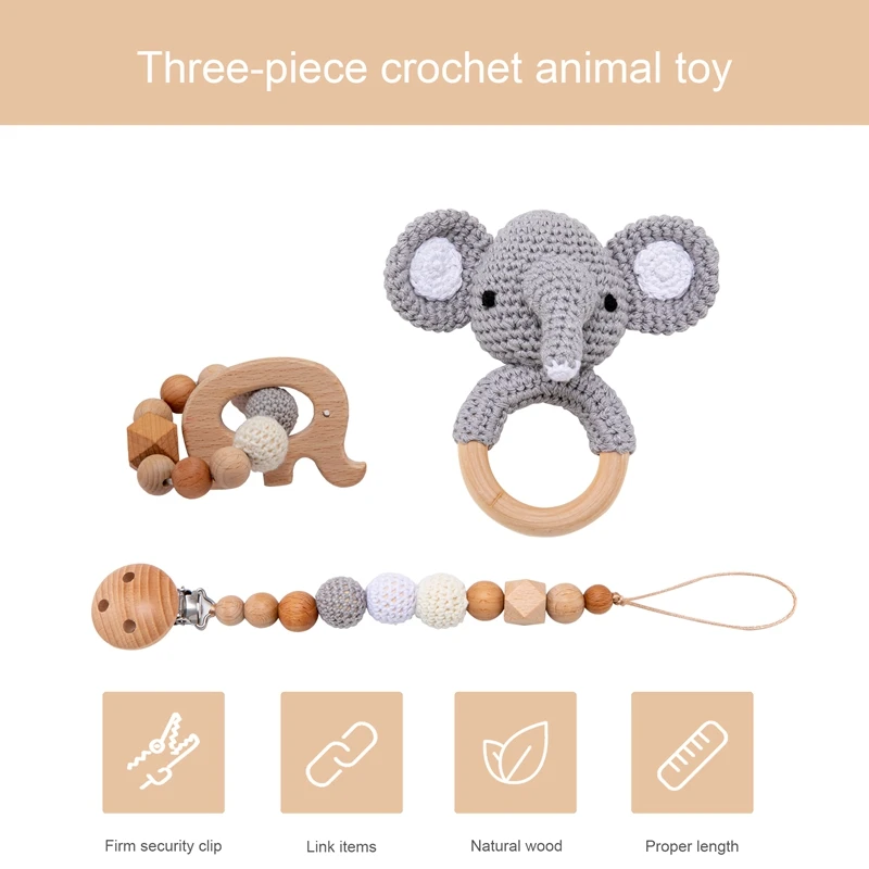 1Set Bayi Mainan Kayu Crochet Gajah Lonceng Musik Tumbuh Gigi Gelang Dot Dummy Klip Gym Memainkan Rodent Produk Mainan