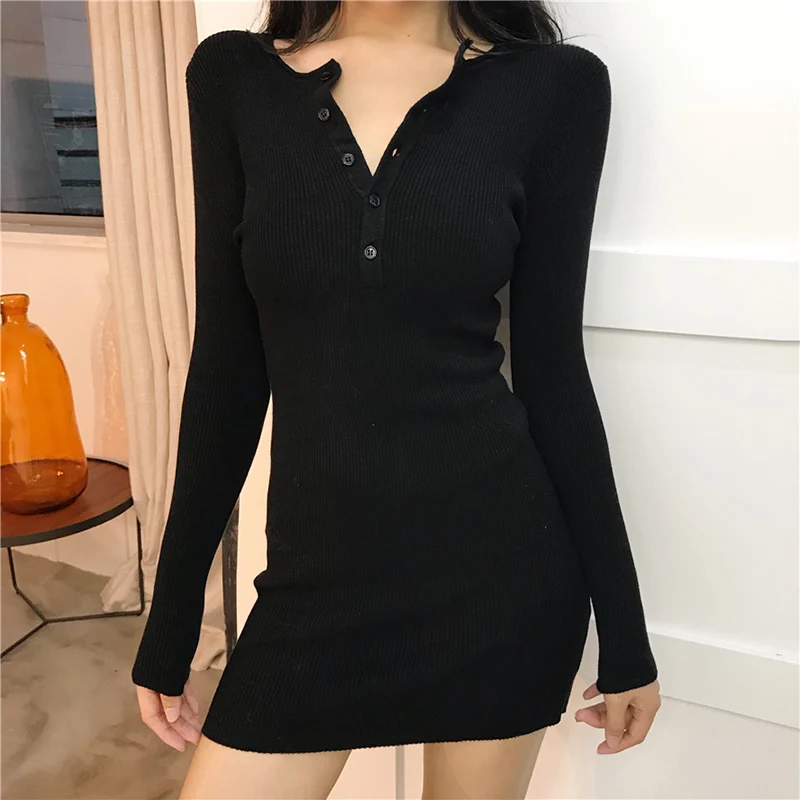 Koreaanse Stijl Mini Zwarte Jurk Vrouwen 2023 Herfst Winter Kleding Lange Mouw Gebreide Knoop Jurken Vrouwelijke Bodycon Slanke Vestidos