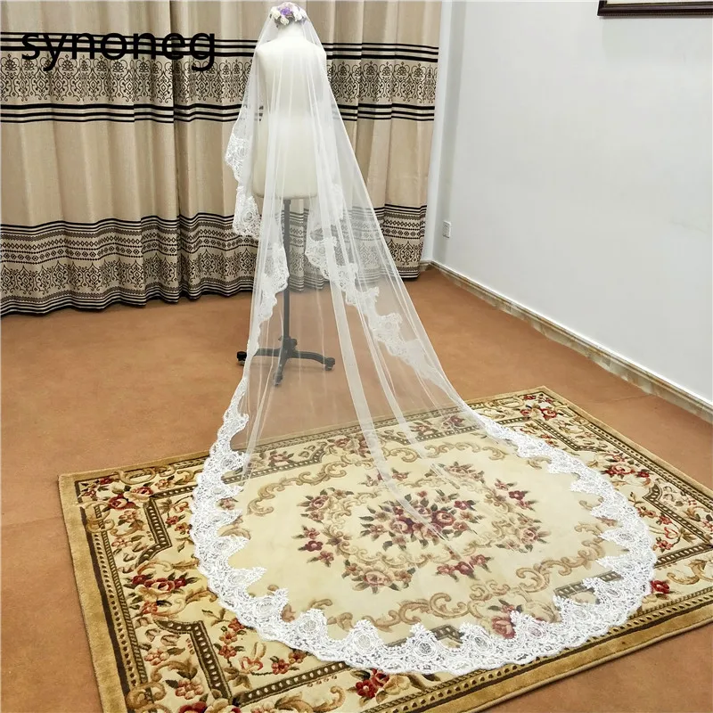 3 M White Cathedral Wedding Veils Long Lace Edge Bridal Veil with Comb Ivory Wedding Accessories Wedding Veil