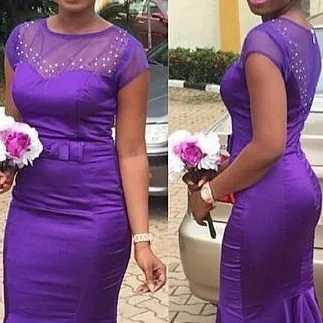 Aso Ebi Purple Bridesmaid Dresses Mermaid Beadings Illusion Round Neck Capped Sleeves Maid Of Honor For Bridal Party Gowns