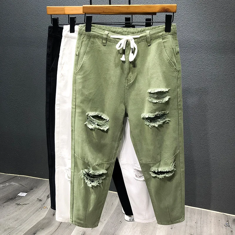 Japanese Trend New Men's Ripped Hole Jeans White Green Black Ankle Length Youth Fashion  Loose  Denim Harem Cargo Pants