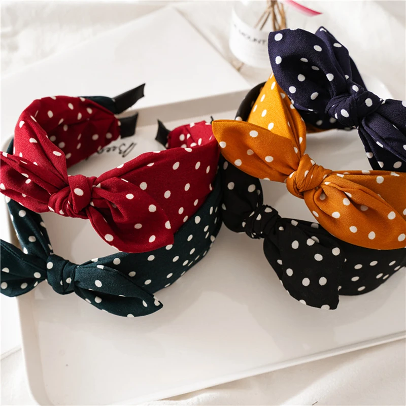 2020 Wine Red Dots Print Bow Headband for Women Tilted Bowknot Hairband Adults Hair Accessories Girls Rabbit Ear Hair Bands Gift