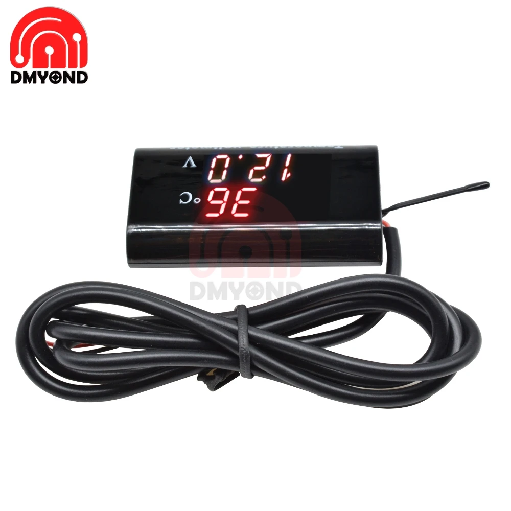 DC 12V 0.28 Inch Voltage and Temperature Motorcycle Car Dual IPX6 Waterproof Digital LED Display Waterproof Panel Meter Red-Red