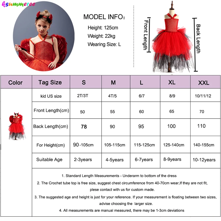 Girls Devil Witch Tutu Fancy Dress with Horns Wing Wand Red Black Bustle Halloween Costume Kids Cosplay Carnival Party Dresses