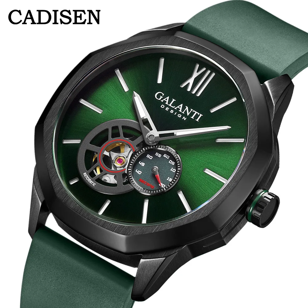 

Автоматические наручные часы Cadisen Skeleton Tourbillon с сапфировым стеклом Miyota, механические полые мужские зеленые армейские военные резиновые часы