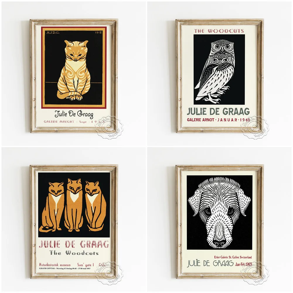 

Julie De Gragg Exhibition Museum Poster, Vintage Animal The Woodcuts Art Prints, The Owl Cat And Dog Wall Decorative Painting