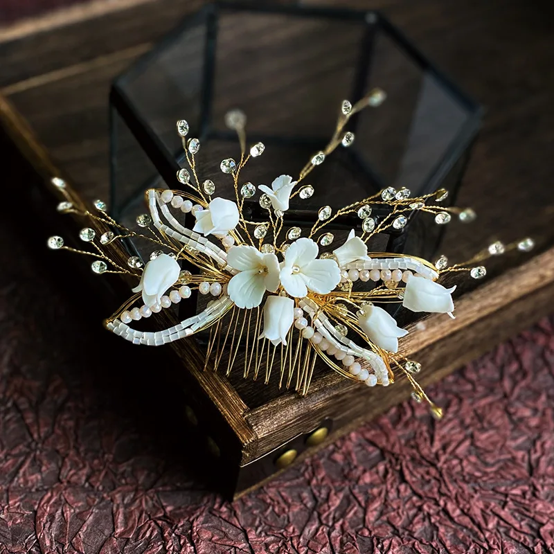 

Bridal Headdress Handmade Rhinestone Insert Comb Ceramic Flower Hair Comb Adult Hair Accessories Wedding Plate Hair Styling