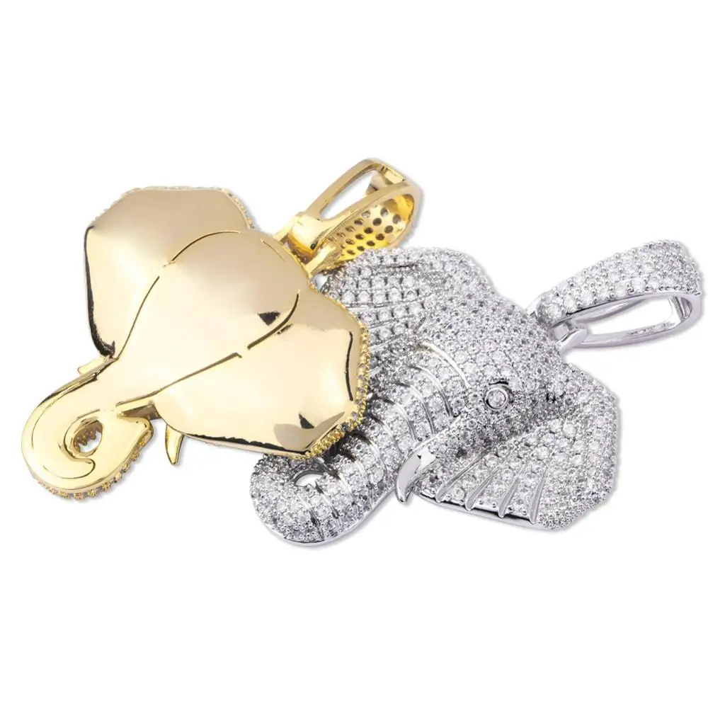 AAA+ Cubic Zirconia Paved Iced Out Bling Elephant Symbol of Peace Pendants Necklace Men Hip Hop Rapper Jewelry Gold Silver Color